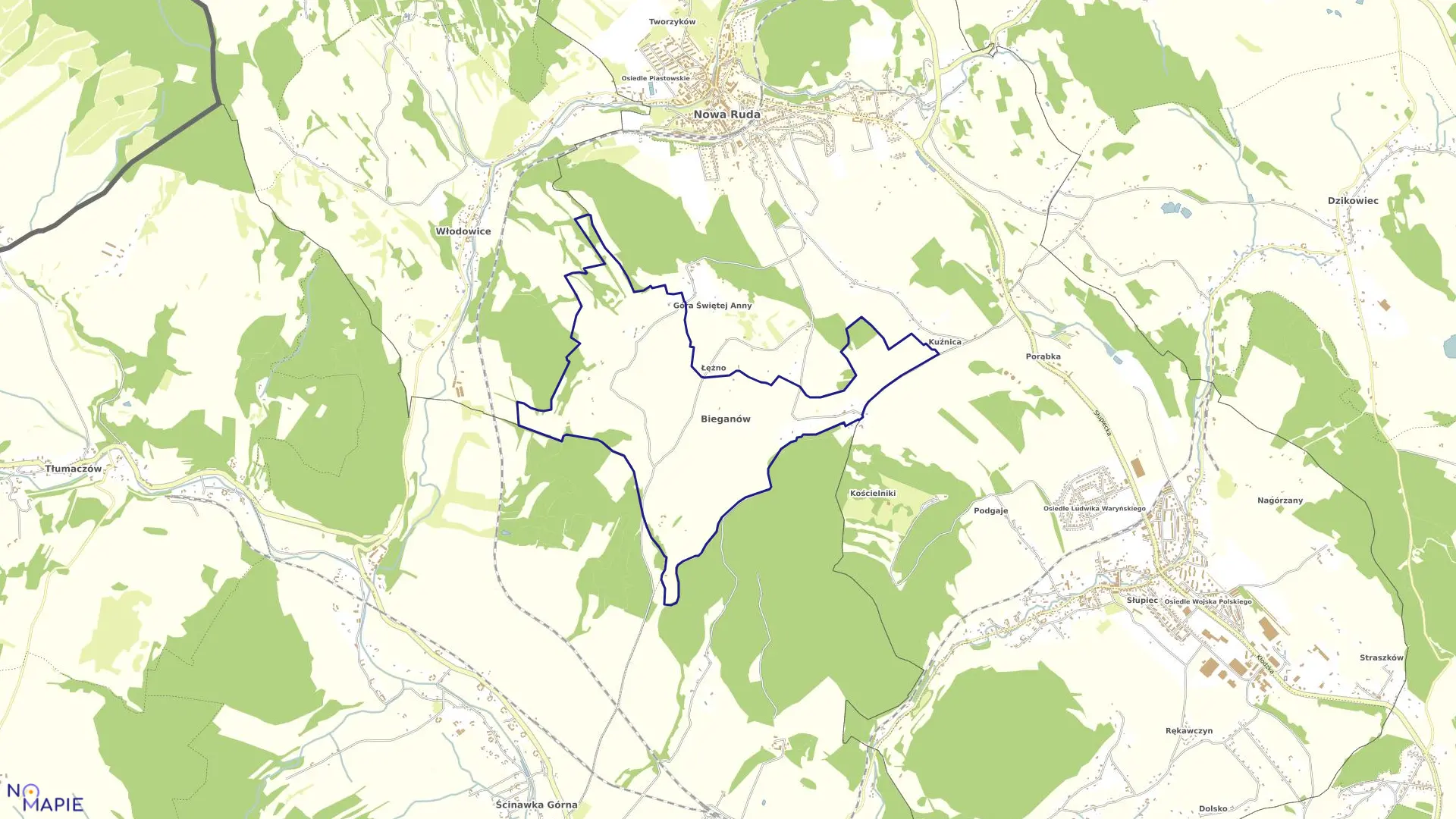 Mapa obrębu Bieganów w gminie Nowa Ruda